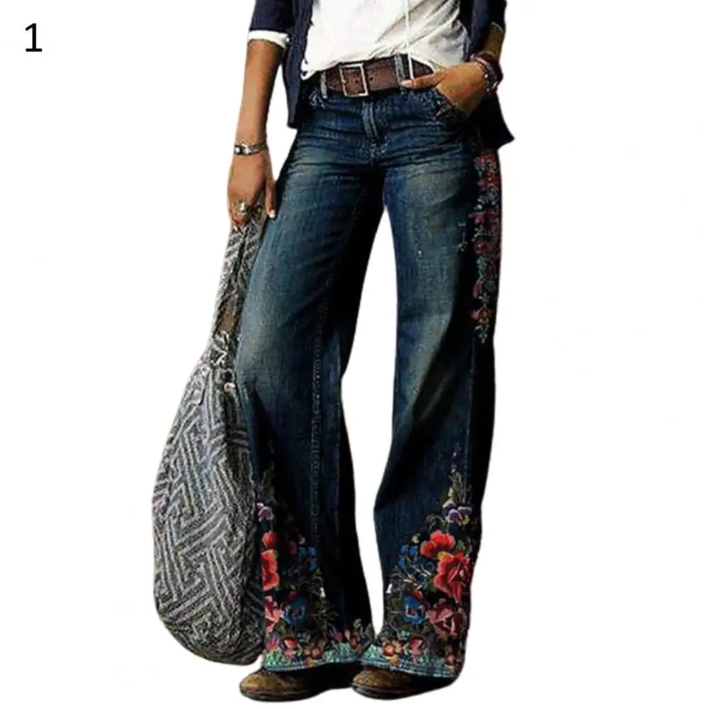 

Women's Pants Retro High Waist Wide Leg Floral Print Long Loose Jeans Pants Trousers Summer Fashion Casual Denim Wide Leg Pants