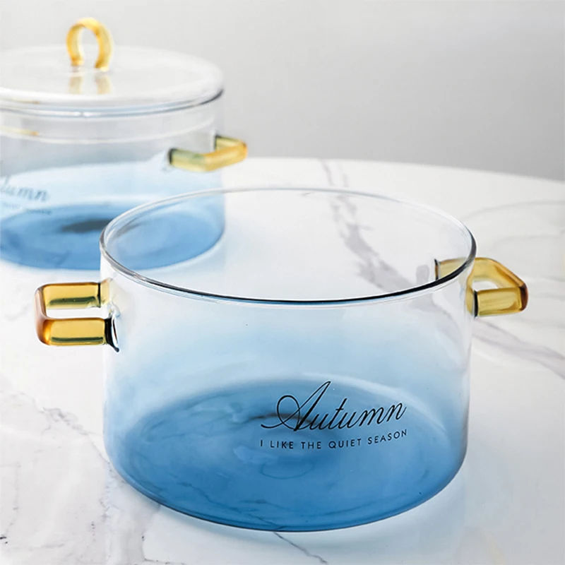 Стеклянная кастрюля RHE градиентного цвета синяя с крышкой термостойкая