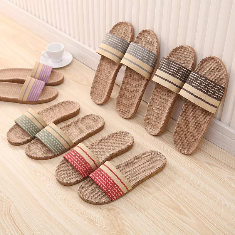 

Summer Cotton Linen Indoor Couple Slippers Home Non-slip Wear-resistant Wooden Floor Sandals Slippers Fashion Striped Slippers