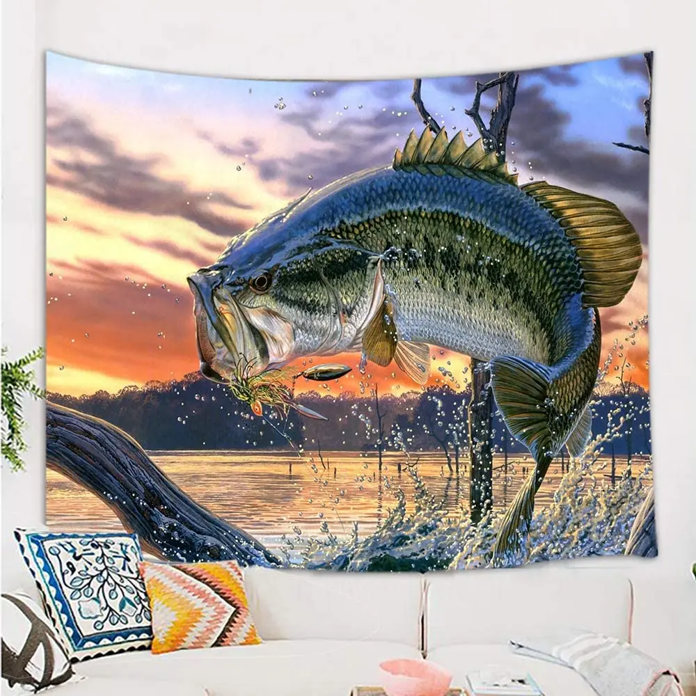 

Bass Fish with Hook Out of Ocean at Sunrise Tapestry Wall Hanging