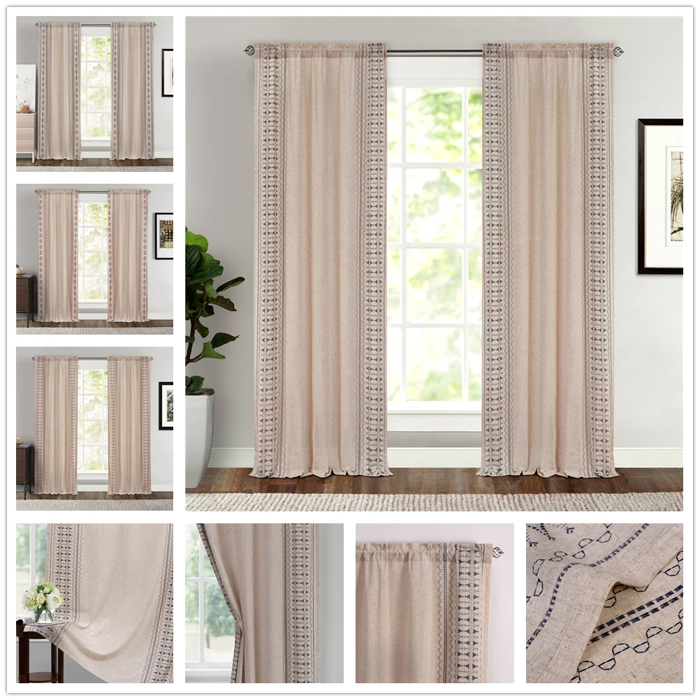 

1 Piece Embroidered Window Bohemian Curtains for Bedroom- Quatrefoil Flax Linen Blend Textured Geometry Lattice Window Treatmen