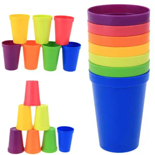 

7Pc Kids Mug Plastic Drink Cups Iced Coffee Juice Liquid Beaker Lid Party Water Battle Set Of 7 Reusable Travel Modern
