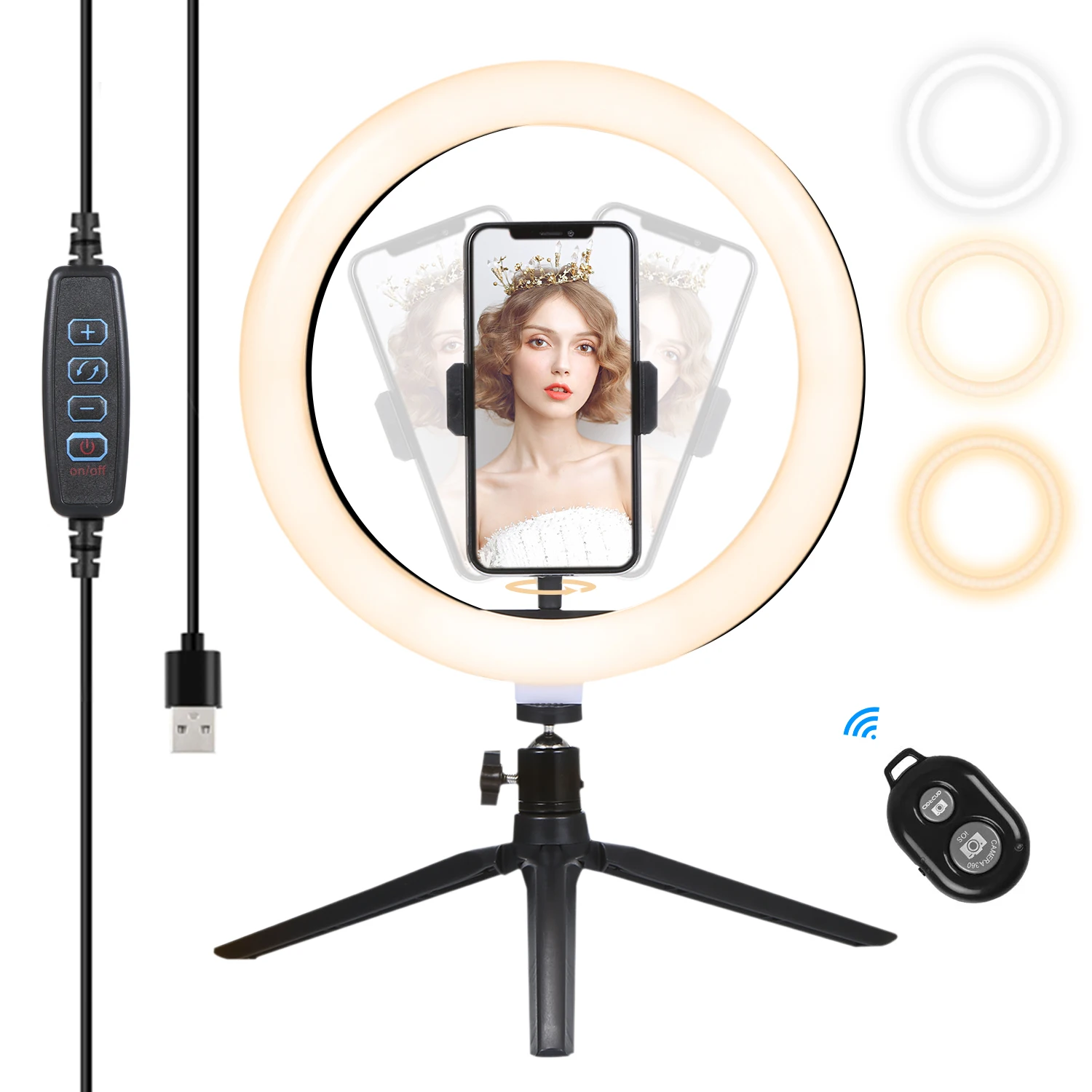 

LED Round Selife Light with BT Connected Remote Control USB Powered Dimmable Selife Light with Desk Tripod Stand