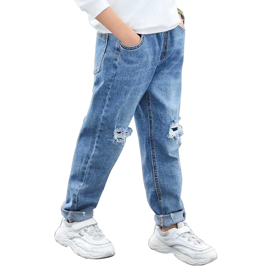 Джинсы с дырками для мальчиков модные штаны эластичным поясом повседневные