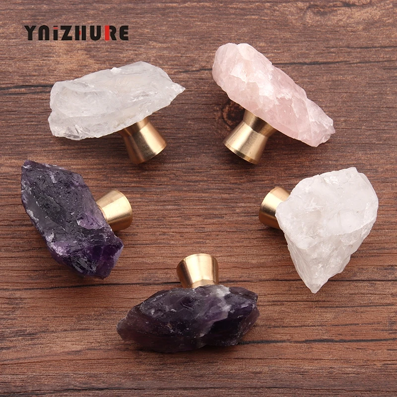 

Brand New Luxury Natural Rough Crystal Amethyst Rose Quartz Brass Handle Drawer Kitchen Cupboard Wardrobe Door Knob Furniture