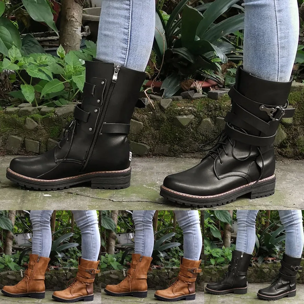

Fashion women's square high heel buckle belt solid color boots round head leather zipper square with women's shoes