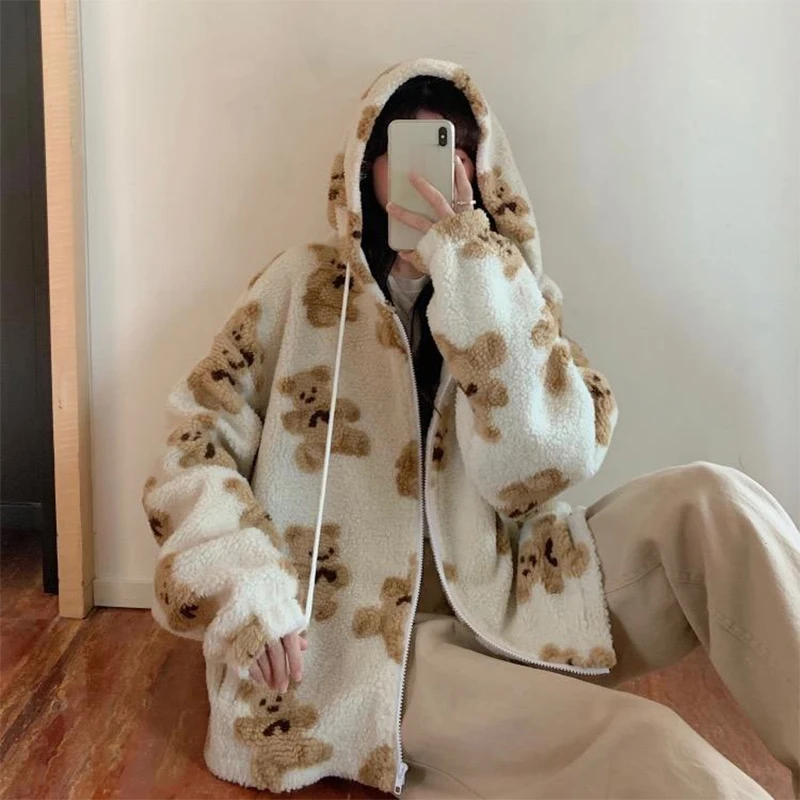 

Neploe Cute Women Hoodie 2021 Winter Loose Hoodies Sweatshirts Streetwear Thick Lamb Wool Bear Coat Zipper Oversized Outwear