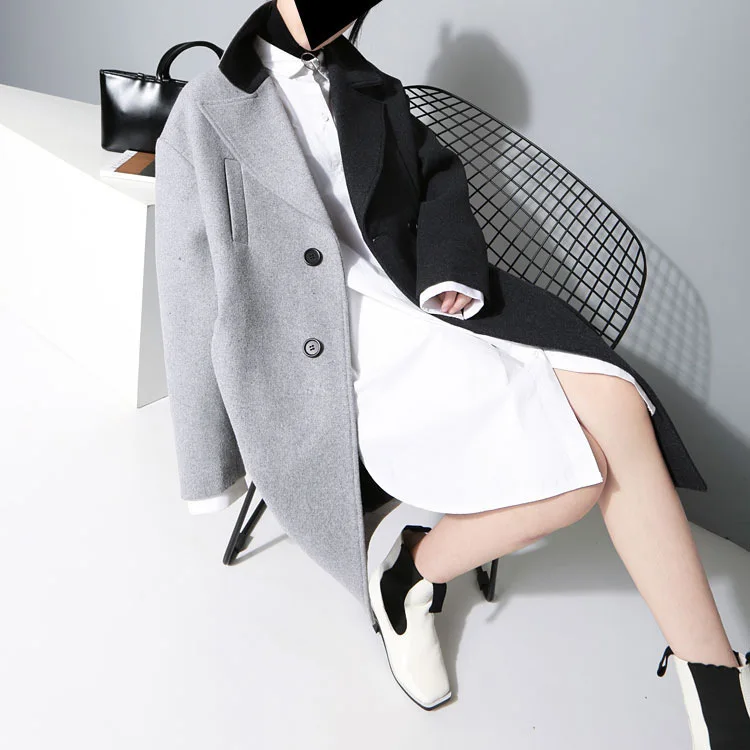

[EAM] 2021 New Spring Lapel Long Sleeve Solid Color Black Gray Split Joint Loose Big Size Jacket Women Fashion JC969