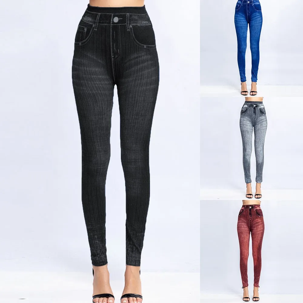 

Women High Waist Faux Denim Jeans Slim Pants Push Up Butt Lift Stretch Leggings From The Pictures Shown On Website