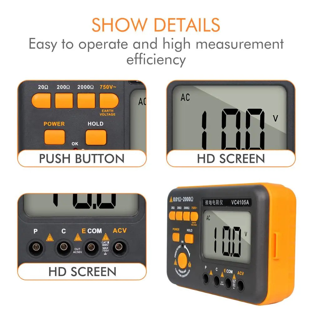 Цифровой измеритель сопротивления заземления VC4105A 750 Ом тестер изоляции Lightning в