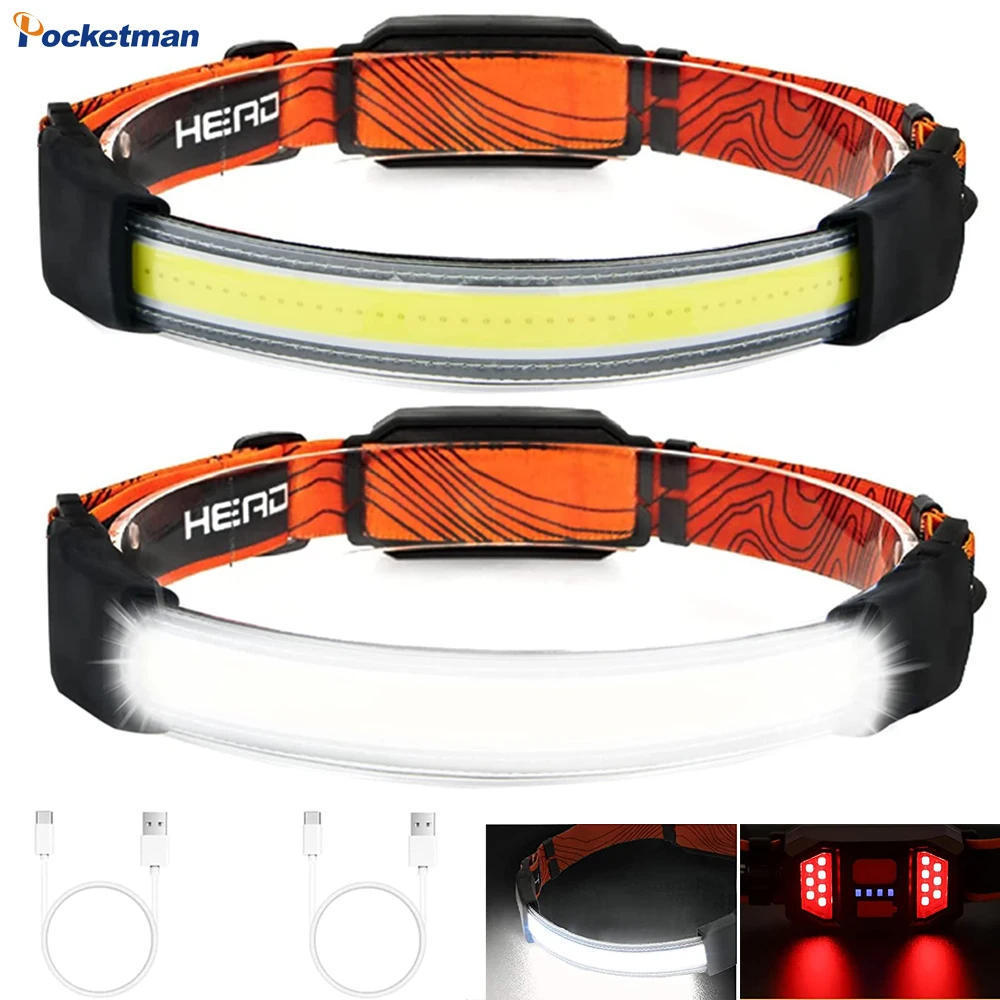 

Rechargeable Headlight LED Wide Beam Headlamp Waterproof COB Super Bright Head lamp with 3 Modes for Running Fishing Camping