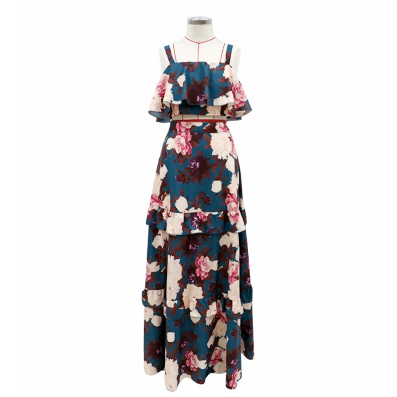 

Summer Fashion Crop Top And Maxi Skirt Sets European American Womens Two-piece Dress Elegant Lady Flower Print Long Beach Dress