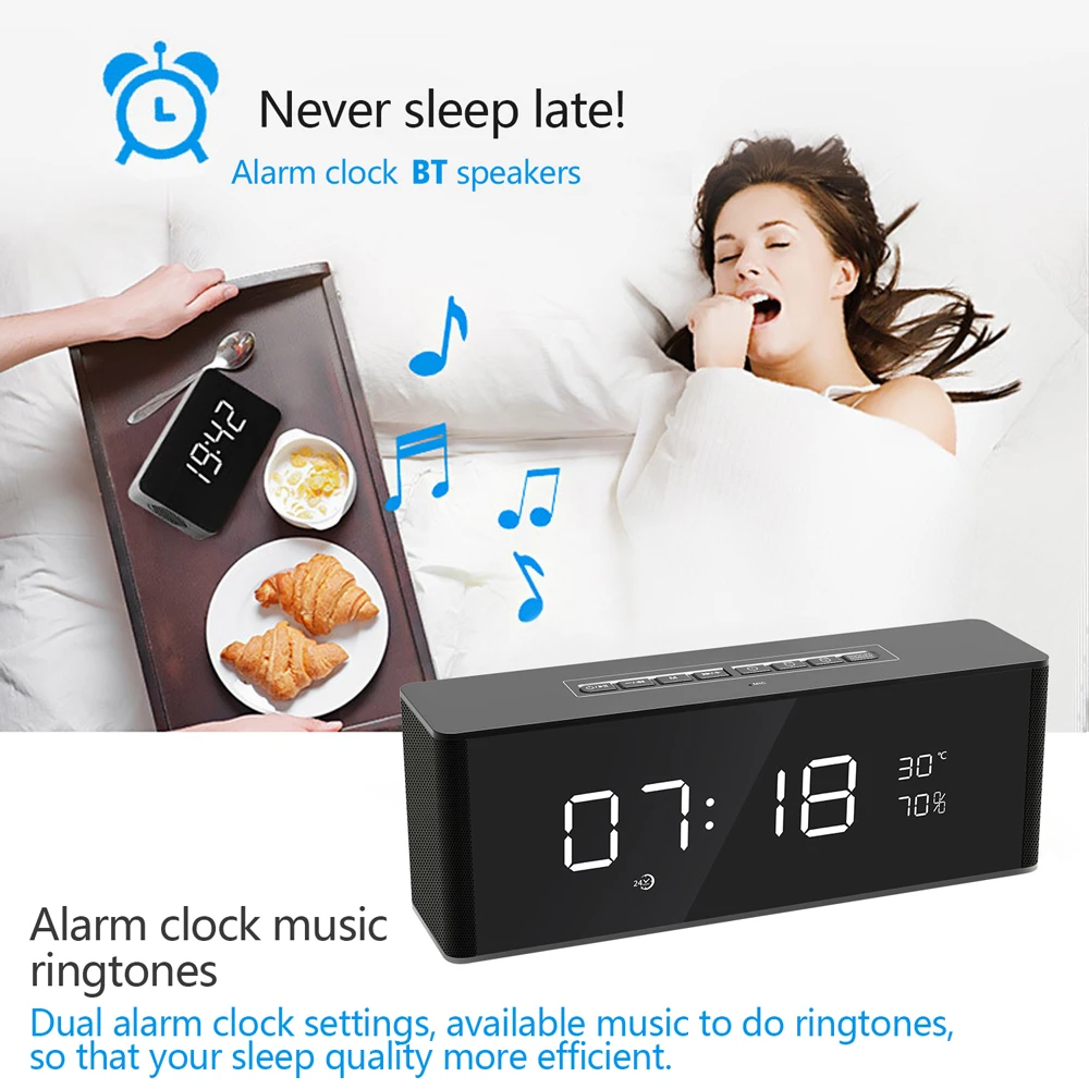 Новый беспроводной будильник BT домашний перезаряжаемый мини-дисплей TF карта FM