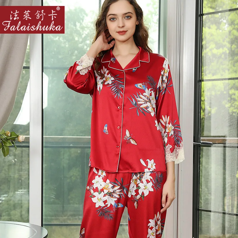 Silk Pajamas Sets Homewears Women Red Floral Print 2021 Summer Spring Lady Home Wears Two Piece Pajamas Set Sleepwear