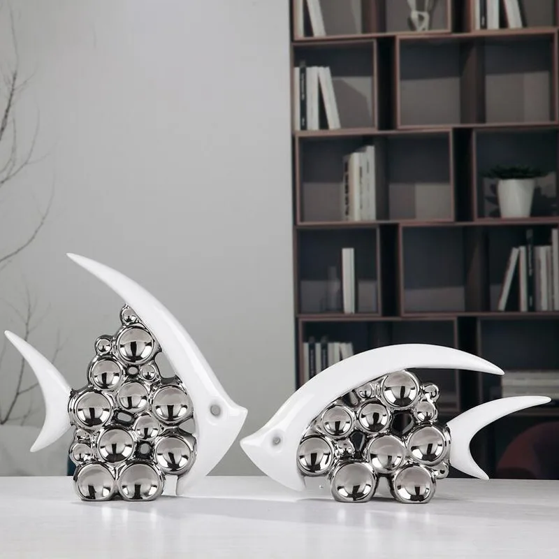 

Silver Plated Bouble Couple Kiss Fish Vase Modern Europe Ceramic Furnishing Articles Office Home Livingroom Ornament Decoration