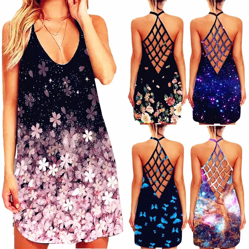 

Women 2021 Loose Floral Boho Vintage Halter Ruffles Dress Large Big Backless Summer Elegant Party Beach Dresses Plus Sizes