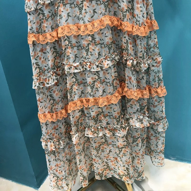 

High Quality New Lace Patchwork Womens Medium Length Dresses High Waist Short Sleeve O-Neck Lace Up Floral Print Female Dresses