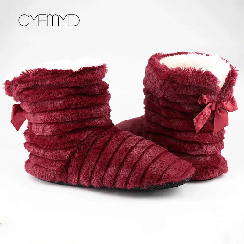 Women's Shoes Fur Slippers for Home 2022 Butterfly-knot Furry House Shoes Bedroom Slippers Girls Warm Soft Indoor Boots Slippers