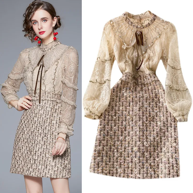 

Good Quality France Style Women's Elagant Dress Jacquard Embroidery Patch Long Sleeve Luxury Pearls Beads Party Vestidos