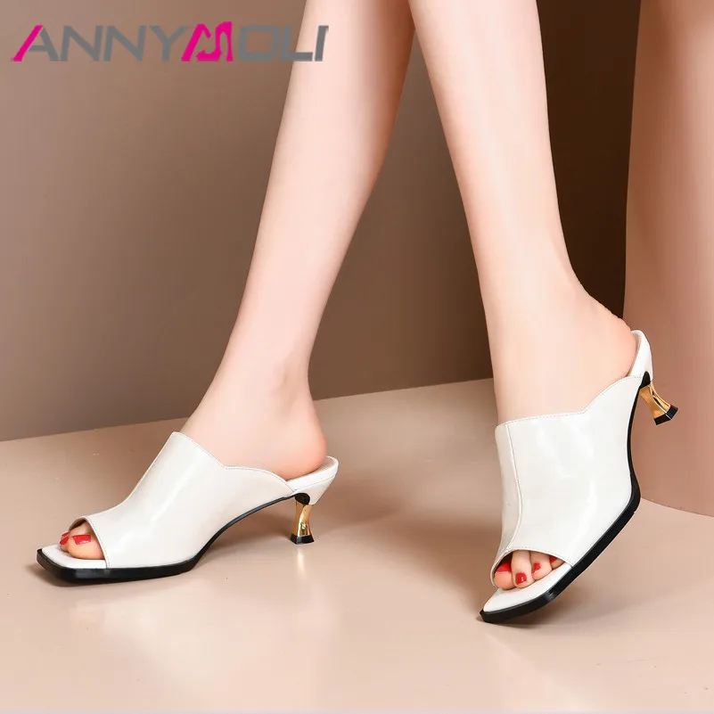 Meotina/обувь Женские шлепанцы из натуральной кожи на высоком каблуке Шлепанцы