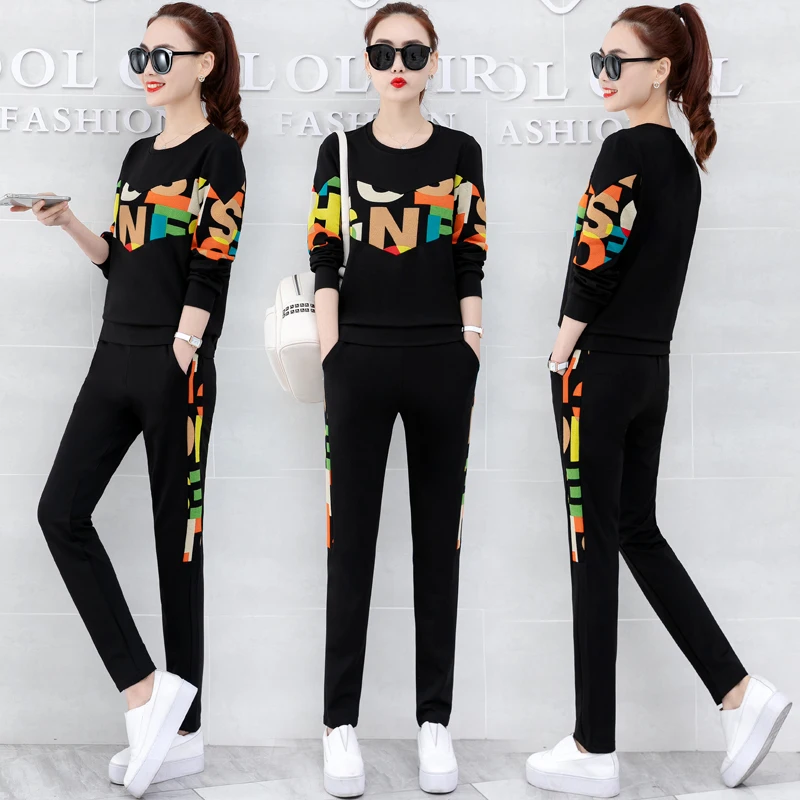 

Женский костюм из двух предметов, Свободный Топ с мультяшным принтом и буквенным принтом и брюки, большие размеры, весна 2020