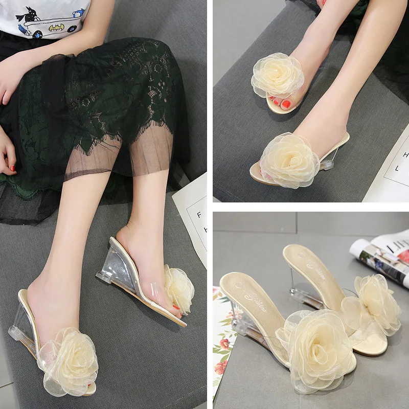Женские прозрачные шлепанцы с кристаллами на высоком каблуке|Женские туфли| |