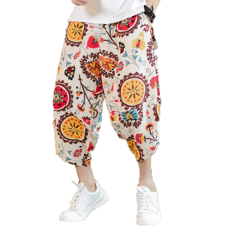 

Men Wide Leg Trousers 2020 Summer Men Linen Harem Pants Men Calf Length Print Beach Pants Male Bloomers Punk Hip Hop Track Pants