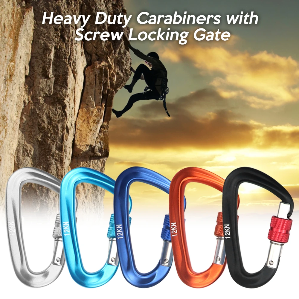 

5 PCS 7075 Carabiner with Screw Lock Gate 12KN Heavy Duty Carabiner Clips for Hammocks Camping Hiking Climbing Equipment