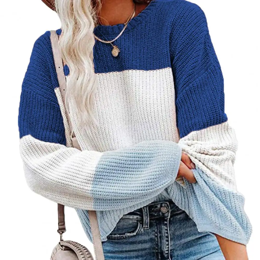 

Women Sweater Color Contrast Soft Simple Ladies Round Neck Color Stitching Knitted Top Female Oversize Sweater Knitwear