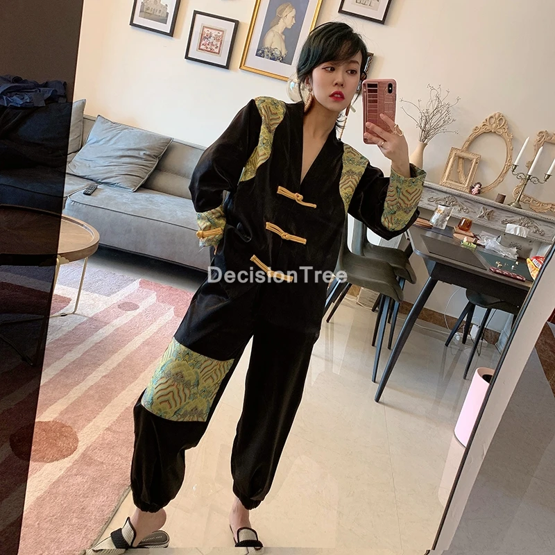

2021 chinese cheongsam women qipao top+pants set oriental floral chiffon suit fairy two piece set cheongsam top pants set