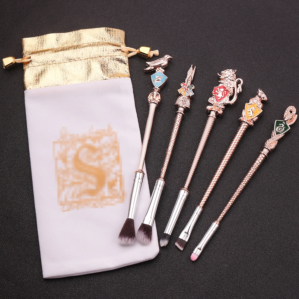 rose gold Movie Makeup Brushes Set Hogwarts Magic School Badge Enamel Animal Cosmetics Pro Eyeshadow Brush Eyebrow Lip Makeup Tool Kit - Handle Color: rose gold