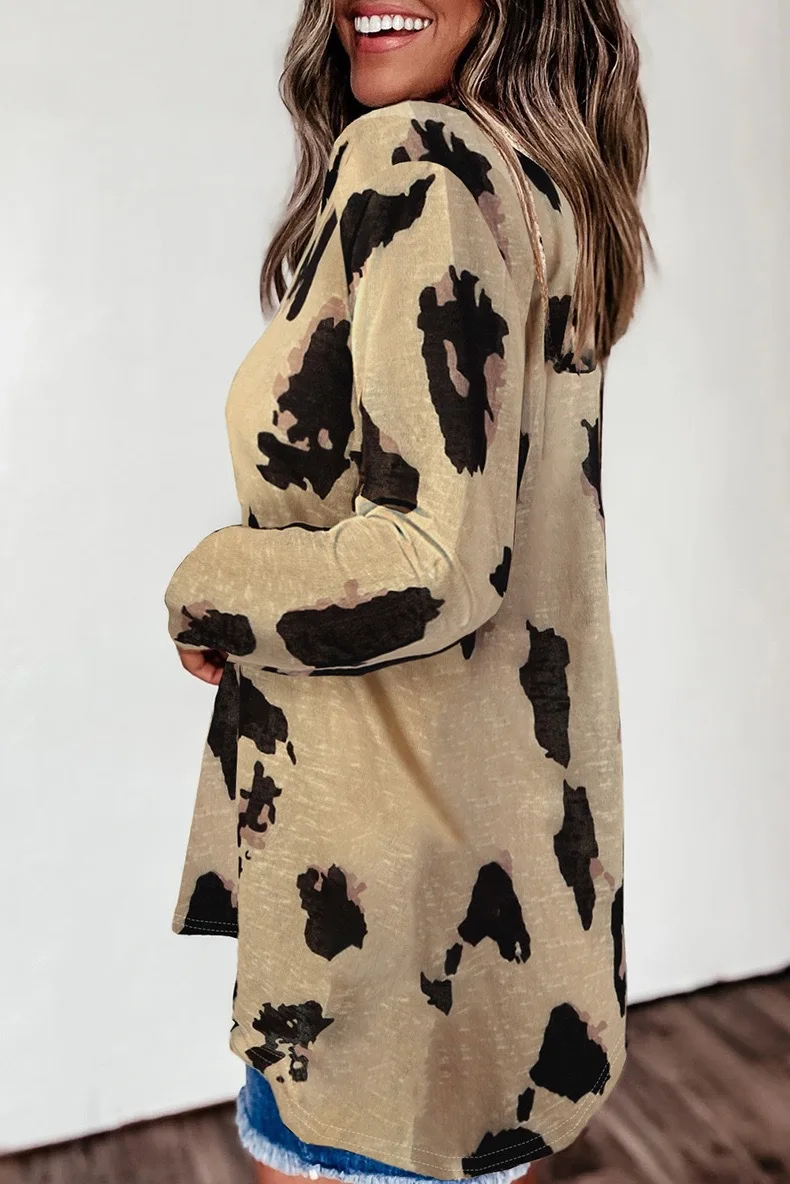 

Harajuku T-Shirt Women Spring Long-Sleeved Fashion Loose Leopard Print t Shirt Casual V-Neck Tee Shirt Fashion Pullover Tops
