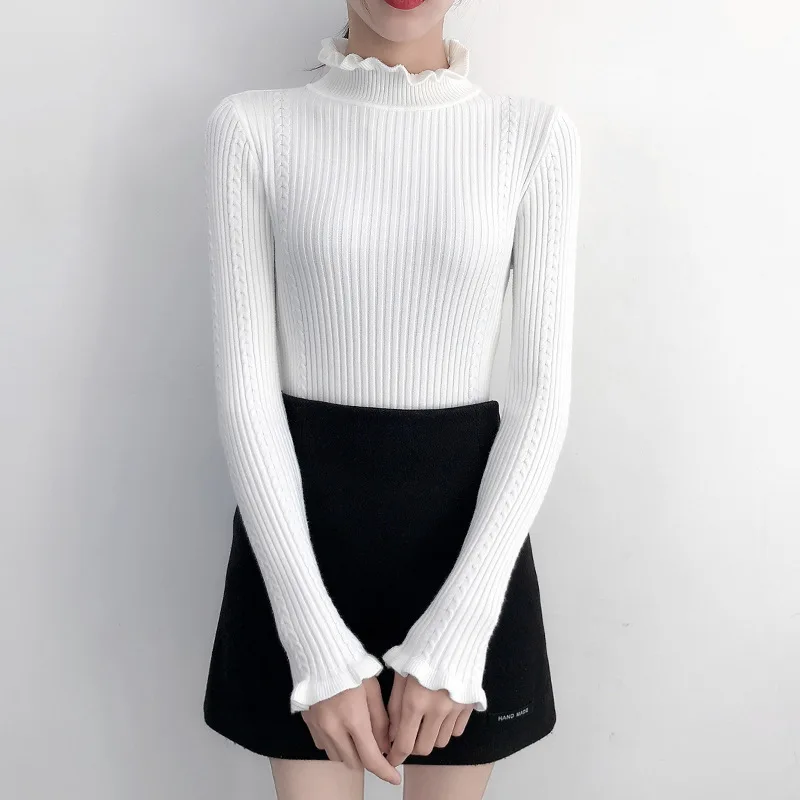 

2020 Sweater Women's Fall Winter Concealed Half High Neck Slim Pullover Slim Tight Fit Long Sleeve Knitted Top