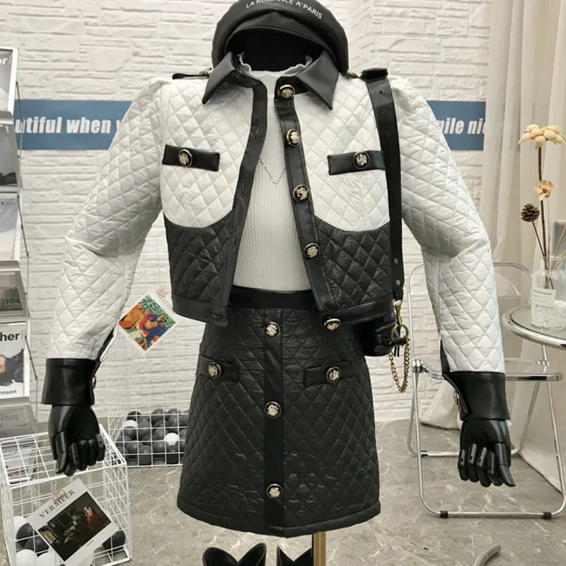 

Autumn Winter New Fashion Lapel Long Sleeve Black White Patchwork Crop Top Jackt Coat + Skirt Set Korean OL Women Two Piece Set