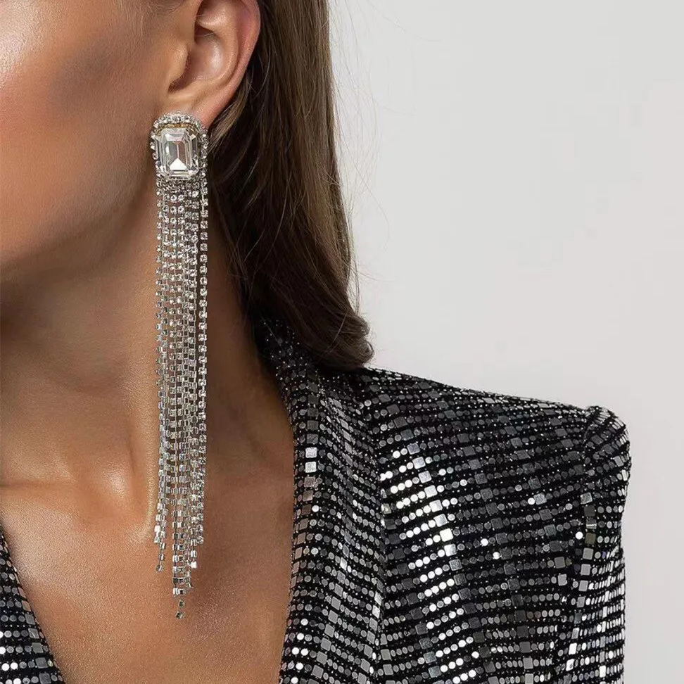 

JIJIAWENHUA New Trend Sparkling Rhinestone Tassel Claw Chain Women's Earrings Dinner Party Wedding Fashion Jewelry Accessories