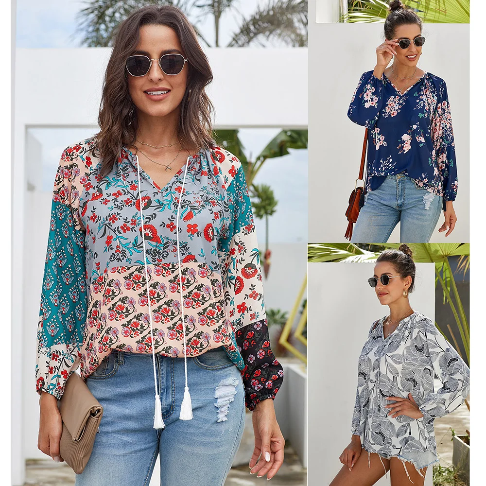 Women Multicolor Floral Printed Casual Long Sleeve Loose Chiffon Tops Sexy V-Neck Streetwear Lantern Sleeve Tunic Blusa Feminina