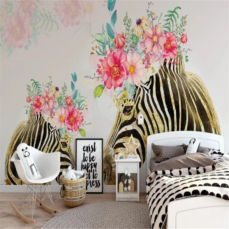 Large 3D wallpaper mural custom hand-painted golden zebra nordic flower children's room background | Обустройство дома