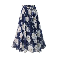 summer fashion women chiffon midi vintage floral printed skirts europe bow lining femme girls lace up falda mujer