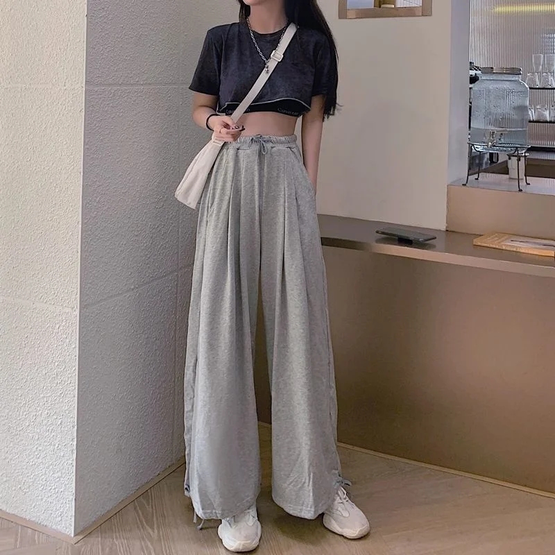 

Korean Style Wide Leg Pant Women Summer Fashion 2021 Gray Sweatpants High Waist Loose Casual Solid Joggers Women