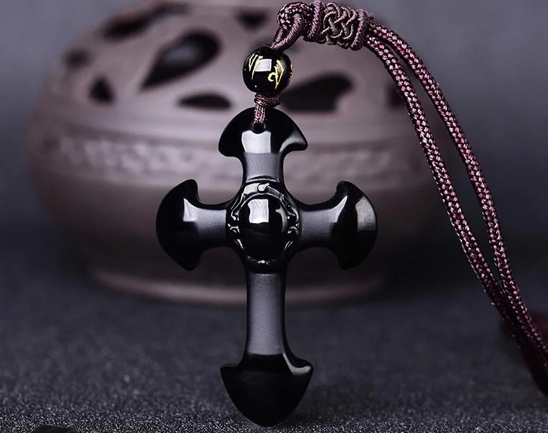 Прямая поставка натуральный черный обсидиан резной крест счастливый кулон