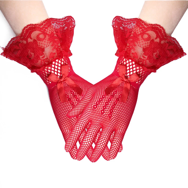 

1 Pair Fashion Party Dress Accessories Elegant Solid Black Red Lace Finger Wrist Length Gloves For Women