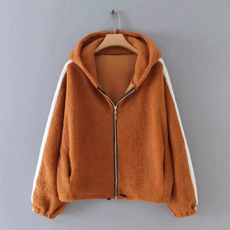 Женская куртка из овечьей шерсти коричневая Повседневная теплая на молнии в