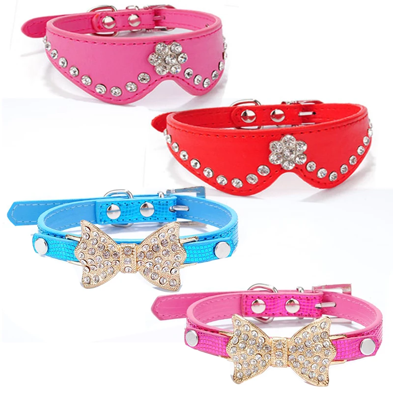 Бантом Собачьи Ошейники со стразами для маленьких собак из искусственной кожи с