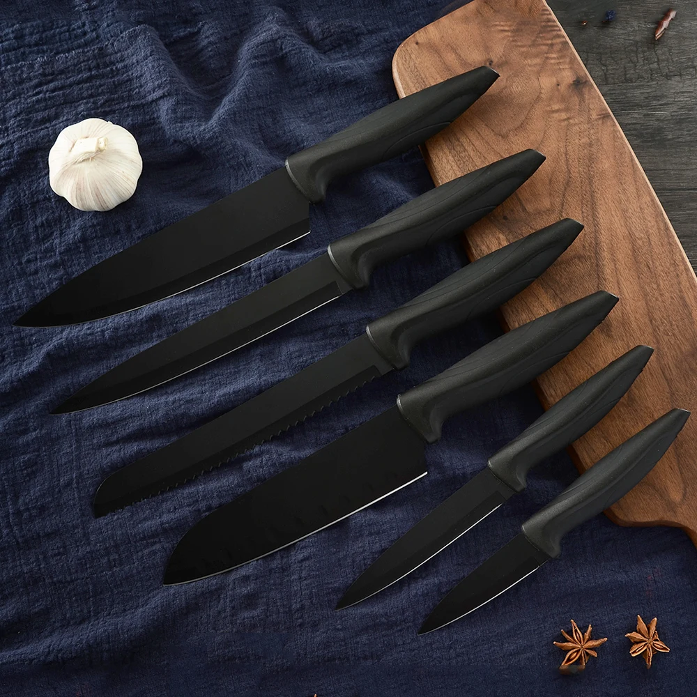 Набор кухонных ножей Xyj из нержавеющей стали комплект 6 острых черных лезвий