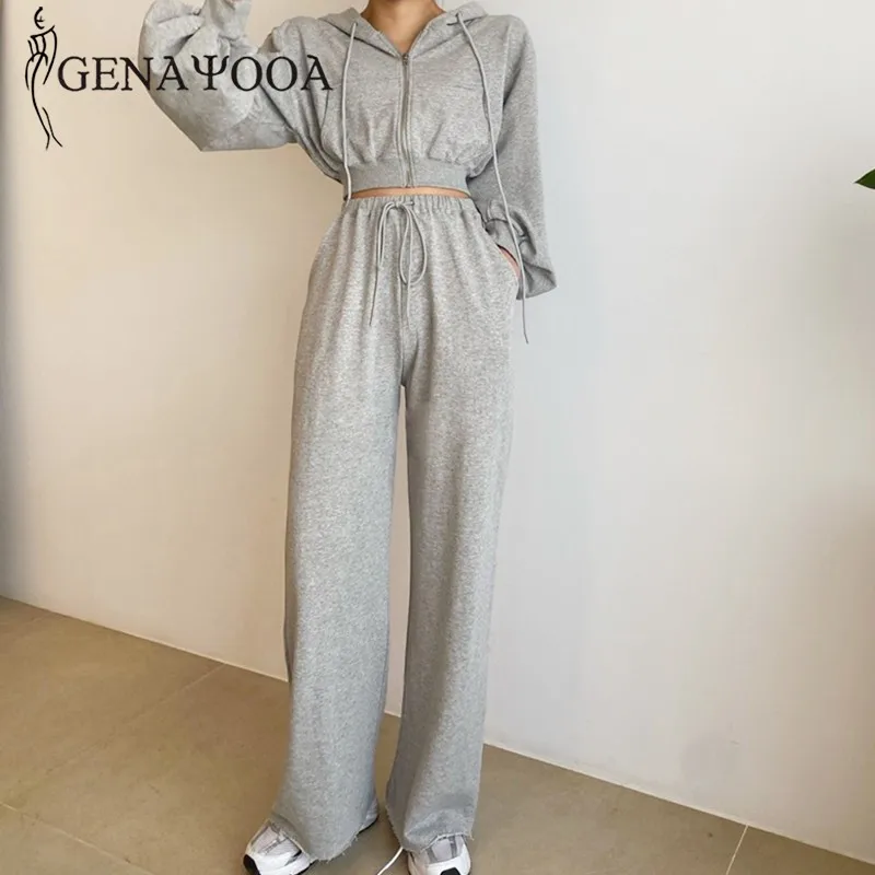 

Genayooa Autumn Women Tracksuit 2 Pieces Set Zipper Hoodies Long Sleeve Casual Two Piece Set Top And Pants Wide Leg Korean Style