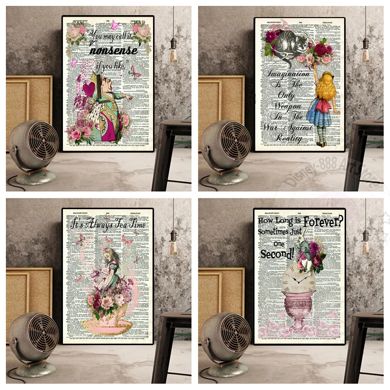 

Disney Alice in Wonderland Catoon Poster Dictionary Art Watercolor Canvas Painting Kids Room Home Decoration Prints Wall Picture