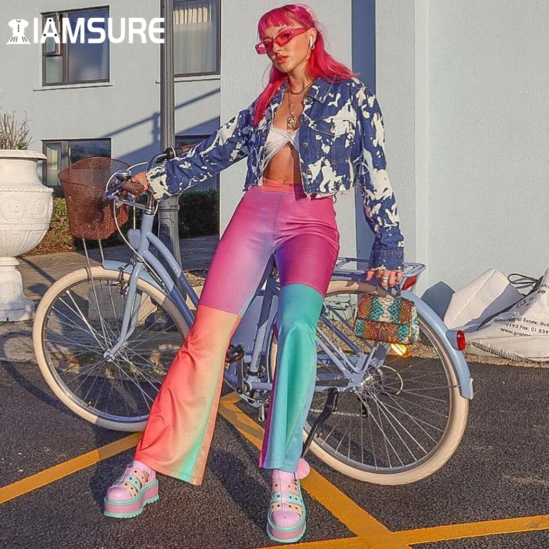 

IAMSURE Patchwork Macaron Trousers Women 2021 Cool Sweet High Waisted Flare Pants Fashion Casual Streetwear Girls Y2K Aesthetic