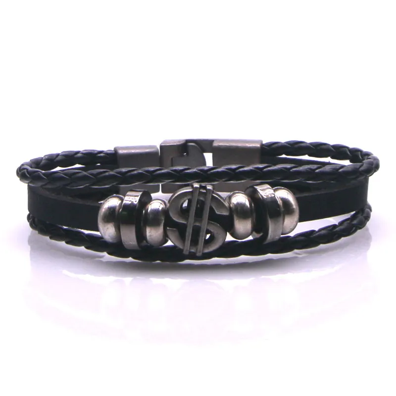 Vintage Black Brown Multi-Layer Leather Punk Bracelet Men's Women's Dollar Money Symbol Charm | Украшения и аксессуары