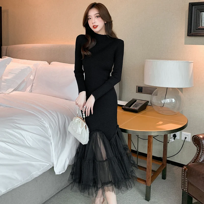 

2021 Vintage Fashion Women Black knitting Long Sleeve Party Dress Autumn Winter Elegant Mesh Splicing Mermaid Long Dress Female