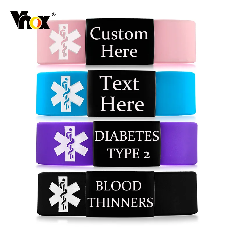 

Vnox Free Customized Medical Alert ID Bracelets for Men Women,12/19mm Wide Casual Silicone Band Bangle,Sports Outdoor Accessory